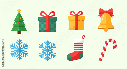 Christmas icons including tree, presents, bell, snowflakes, stocking, and candy cane on light green background