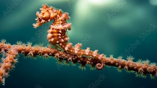Oceanic Wonder: A captivating seahorse gracefully clings to a delicate coral branch, its intricate details and vibrant color create a mesmerizing underwater scene.