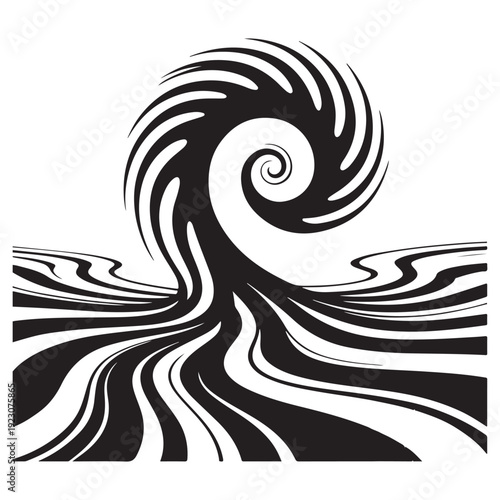 Black surreal wave vector illustration featuring a large spiral vortex rising from wavy ground on transparent background abstract psychological landscape design for creative art projects