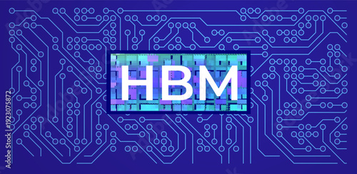 High bandwidth memory HBM technology concept on blue background illustrating advanced computer chip architecture