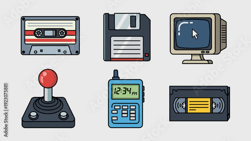 Retro technology icons including computer, game and media storage devices