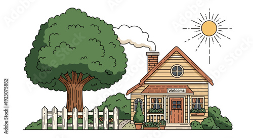 A charming house with a tree and fence on a sunny day outside