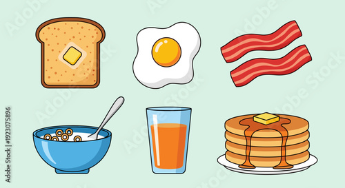 A colorful cartoon illustration of a breakfast meal on a plate with bacon and eggs and pancakes