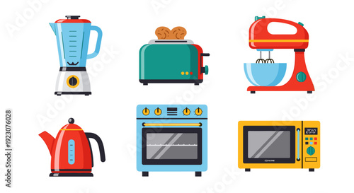 Colorful kitchen appliances icons including toaster blender mixer