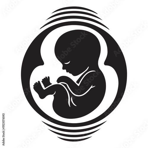 Fetus in womb vector silhouette representing human pregnancy prenatal development mother and child connection medical health education and maternity concepts in professional black and white art