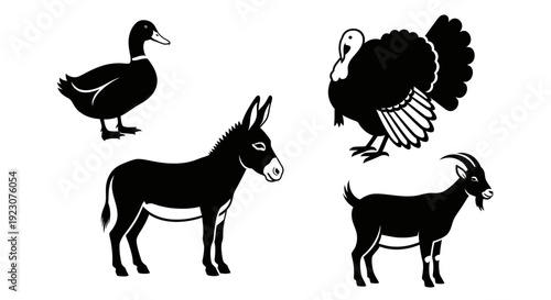 Black Silhouettes of Farm Animals: Duck, Turkey, Donkey, and Goat on White Background