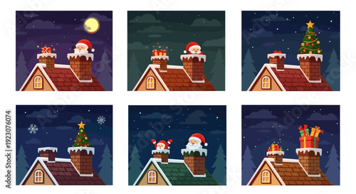 Christmas scene with santa claus on rooftops at night with snow and stars