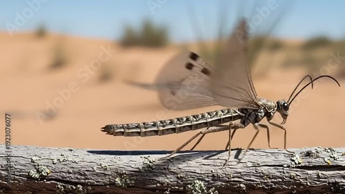 Antlion Insect in the Desert: A close-up view reveals an intricate antlion insect, perched on a weathered branch against the backdrop of a sun-drenched desert, its delicate wings poised for flight.