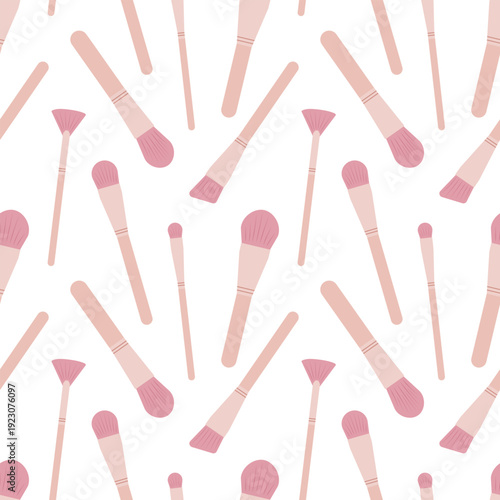 Makeup brushes, seamless pattern, vector illustration. Beauty and skincare concept.