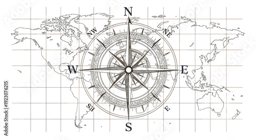 Vintage navigation compass on a world map with grid lines for travel and exploration purposes