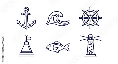 Nautical icons including anchor wave ship wheel lighthouse buoy fish