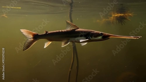 Paddlefish Underwater: A mesmerizing paddlefish gracefully glides beneath the water's surface, its unique snout and sleek body creating a captivating image of aquatic life.