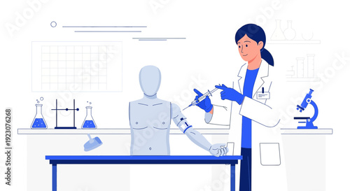 Doctor Administering Injection to Mannequin in Medical Laboratory