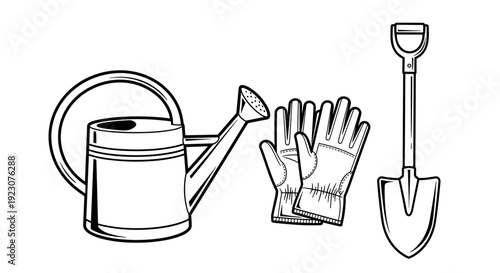 Gardening tools and glove on for planting flowers