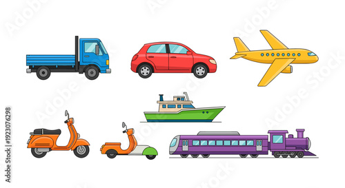 Colorful cartoon transportation icons on including truck and train