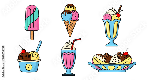 Colorful cartoon ice cream treats and desserts