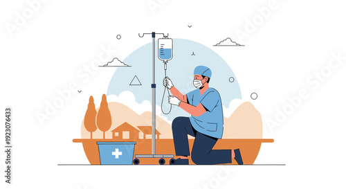 Doctor Administering IV Drip Treatment with Medical Equipment and Rural Background