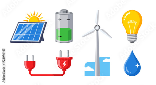 Renewable energy sources icons including solar panel and wind turbine