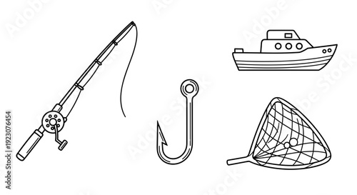 Fishing line hook and net with boat on for outdoor activities