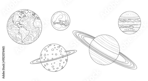A line drawing of five planets and a moon in our solar system