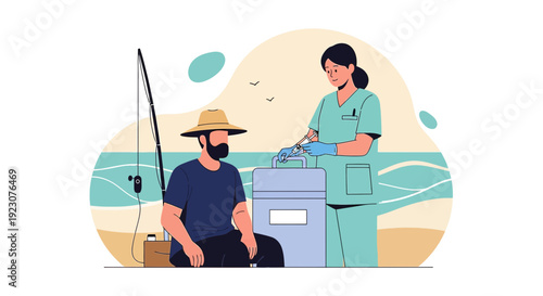 Doctor Administering Medical Care to Fisherman on Beach