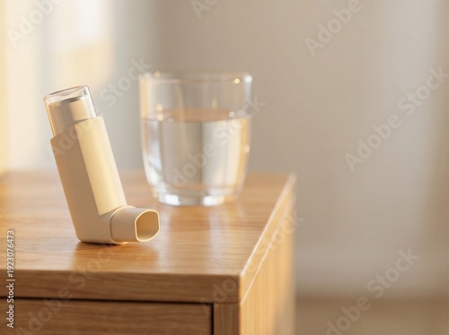 Modern Inhaler on Bedside Table with Glass of Water