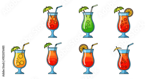 Colorful cocktails with umbrellas and straws in glasses