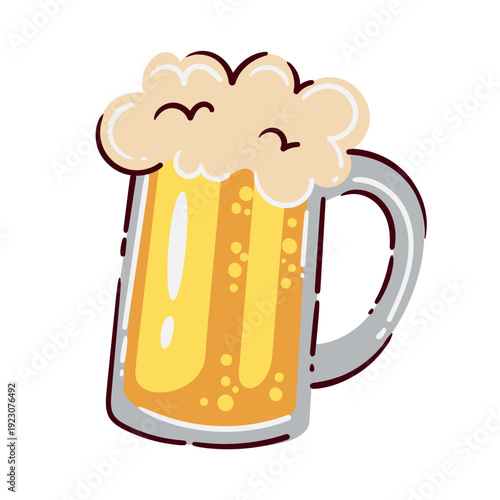 Beer mug with foam head and glass handle, cold lager drink for barbecue and party menu. Beer mug in bold cartoon style for packaging and branding, vector illustration.