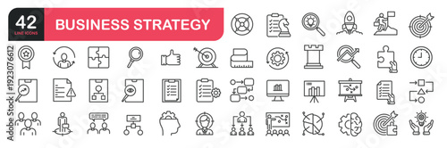 Set of line icons related to business strategy, action plan, SWOT, reward, analysis, planning. Outline icons collection. Editable stroke. Vector illustration
