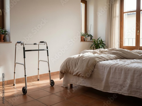 Modern unbranded walking frame in a bright bedroom near an unmade bed
