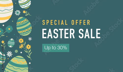 Modern Easter sale banner with decorative eggs and floral elements featuring Special Offer message. Ideal for ecommerce websites, seasonal discounts and spring marketing campaigns.