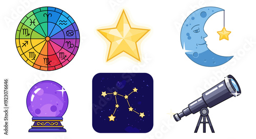 Zodiac signs and astronomy icons with star moon and telescope
