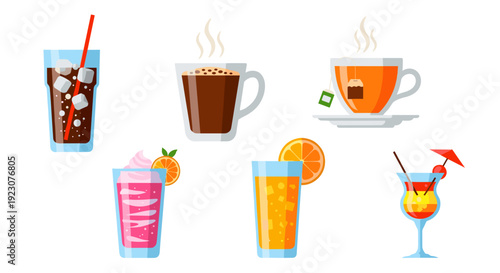 Collection of colorful drinks and beverages in different glasses and cups