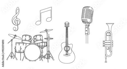 Music instruments and notes on for music concept