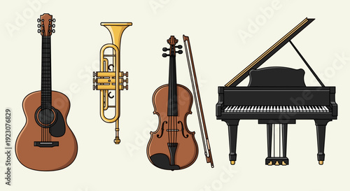 Musical instruments including guitar, trumpet, violin, and piano on beige background