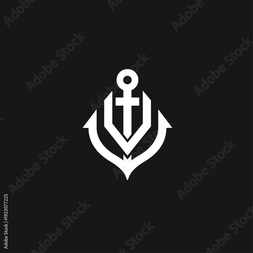 Modern Minimalist Anchor Logo Vector Icon on Black Background. Stylized Nautical Maritime Symbol Design.