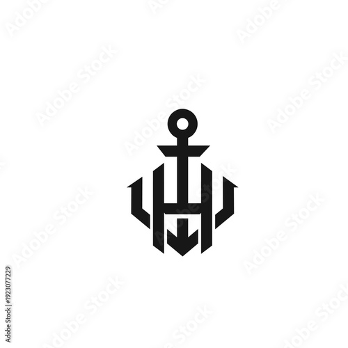 Stylized Geometric Anchor Logo with Integrated Letters H and W and Downward Arrow