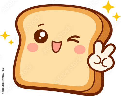 A cute slice of bread with a cheerful expression, winking and making a peace sign with one hand. The bread has a soft, cartoonish look, with sparkling effects around it, enhancing its joyful mood.