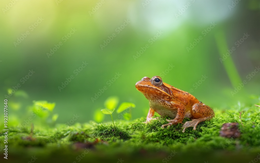 Obraz premium Vibrant Frog Resting on Mossy Ground in Humid Rainforest Environment