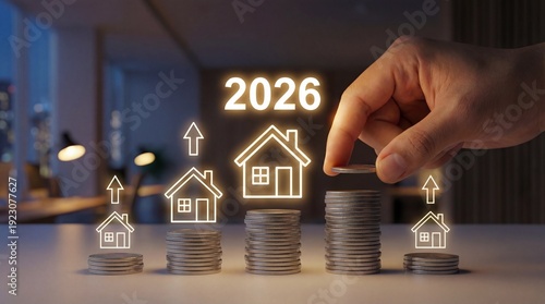 Real Estate Investment 2026 Concept with Hand Stacking Coins and House Icons