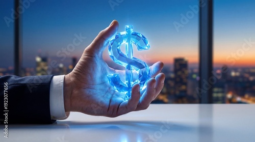 Hand Holding Blue Glowing 3D Crystal Dollar Sign with Night Cityscape