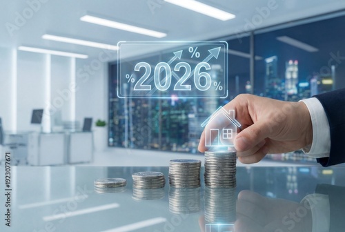 Real Estate Mortgage Rates 2026 Concept with Coins and House Icon