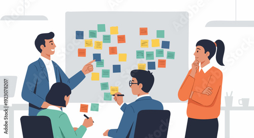 Team brainstorming session with sticky notes on whiteboard.