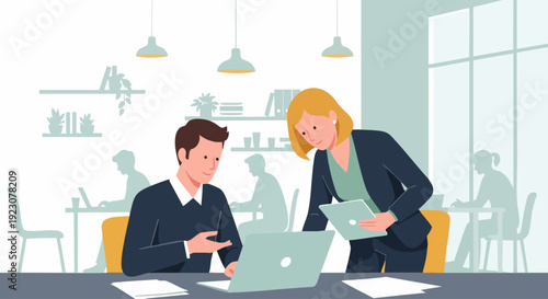 Two colleagues collaborating on a project in an office setting.