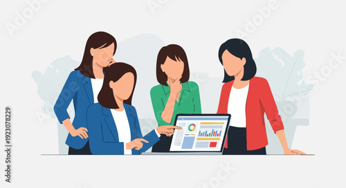 Businesswomen collaborating on a project, analyzing data on a laptop, teamwork and problem-solving.