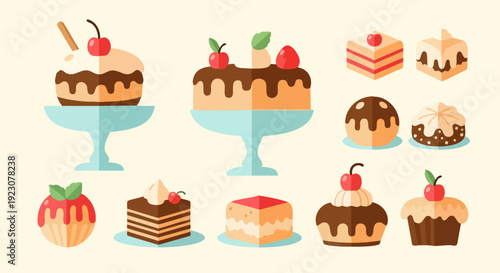 Colorful assortment of cakes cupcakes and pastries illustration.