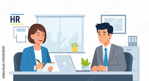 HR professional conducting interview with potential candidate in office setting.