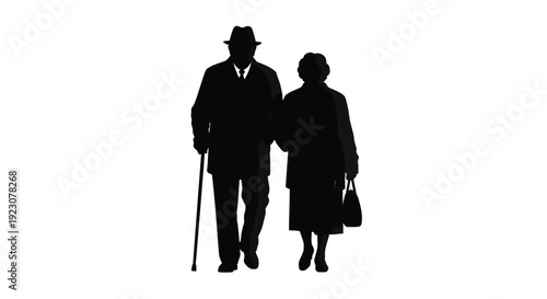 A silhouette of an elderly couple walking together