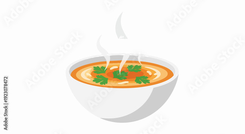 Steaming hot bowl of soup with fresh parsley garnish isolated on white.