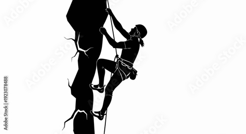 Silhouette of a female rock climber ascending a rugged cliff face.